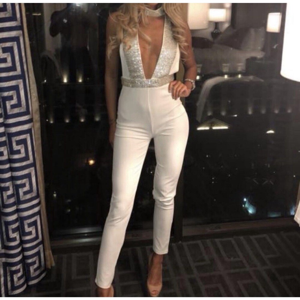 Gold Sequin Bling Women’s White Jumpsuit Large Vegas Cocktail Party Costume